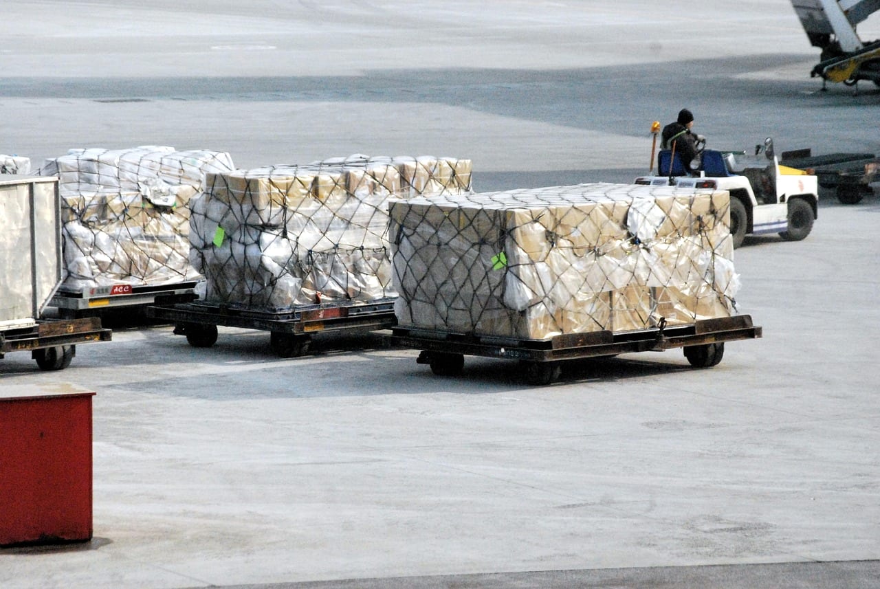 Netted cargo pallets on dollies on an airport apron